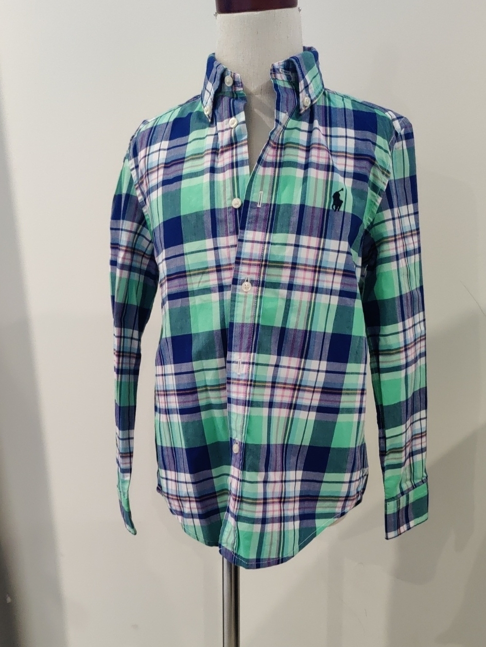 Boys Ralph Lauren Green/Blue Plaid Button-Down Shirt Y2K Cottagecore Long Sleeve